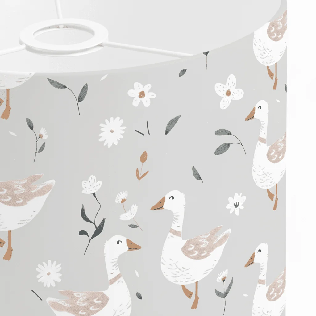 Close-up of Gansy lampshade showing the NELA premium cotton Geese pattern.