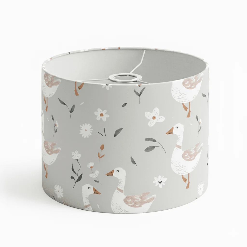 Gansy lampshade made from NELA premium cotton in the Geese pattern, front view.