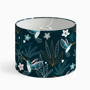 Koriya lampshade made from NELA premium cotton in the Night Hummingbird pattern, front view.