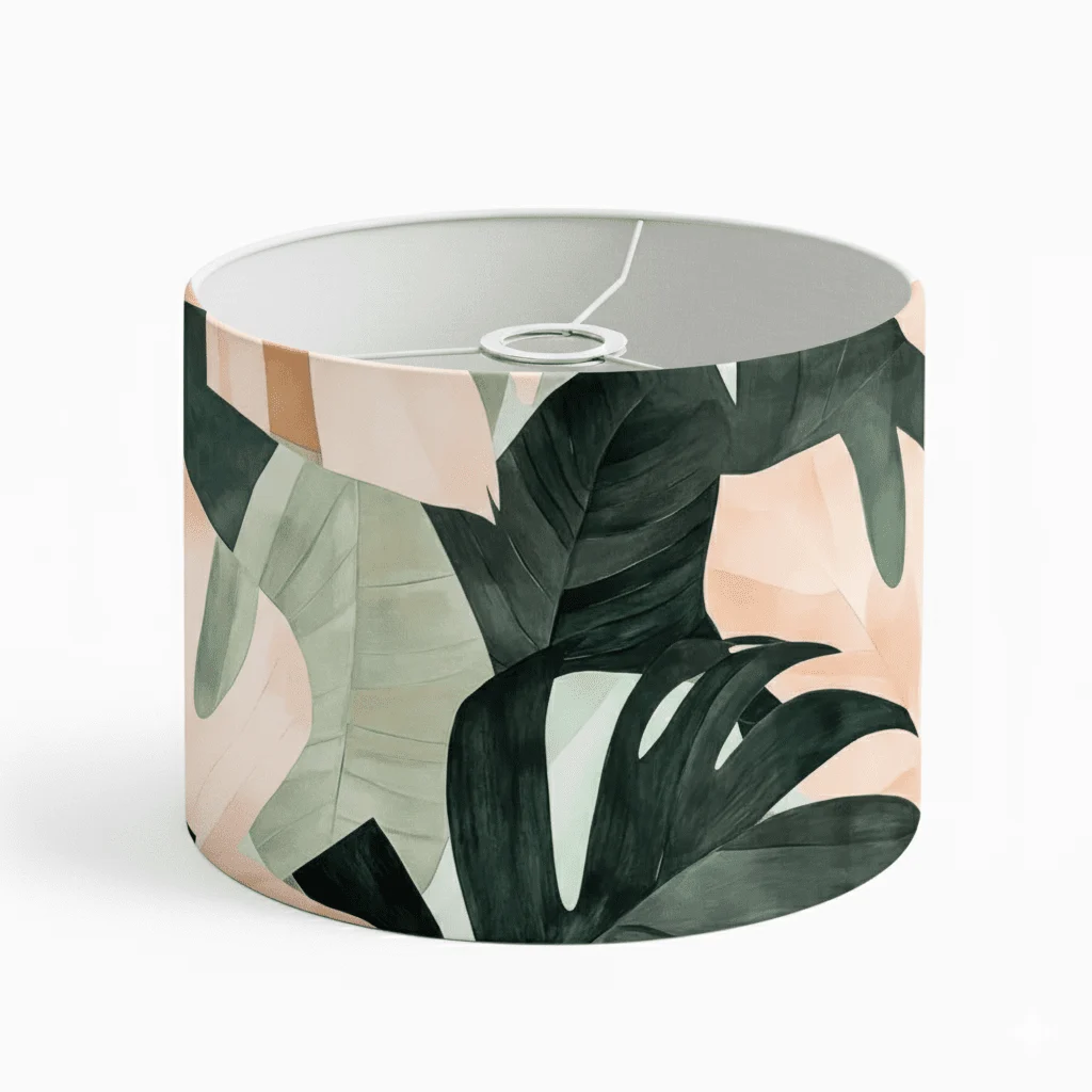 Tropica lampshade made from premium cotton in the Tropical Harmony pattern, front view.