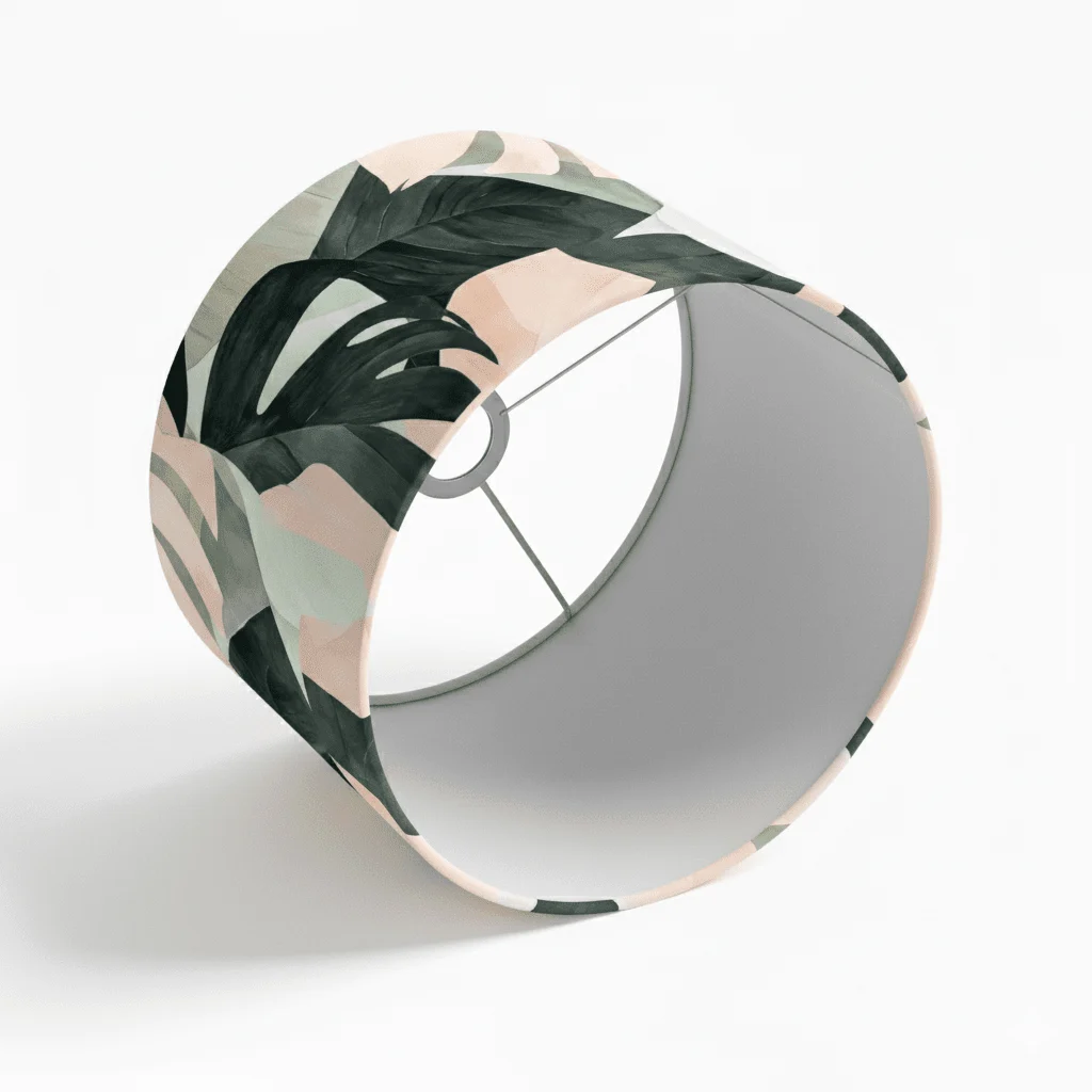 Tropica lampshade made from premium cotton in the Tropical Harmony pattern, side view.